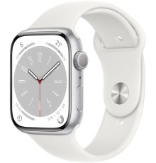 Apple Watch Series 8 45 мм (алюминиевый корпус, серебристый/белый, спортивный силиконовый ремешок)
